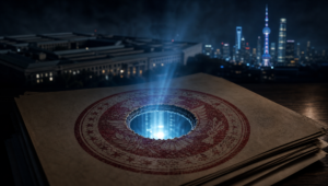 an official red restriction stamp punched through in the middle, with cold blue AI-server light beaming through the gap, Pentagon silhouette on one side, Asian skyline glowing on the other.