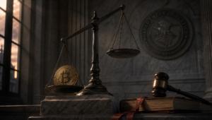 imbalanced scales with a Bitcoin outweighing an empty pan, gavel resting untouched on a sealed case file, DOJ seal faint in the background.