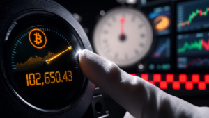 a photo-finish camera freezing the exact instant a fingertip nudges the Bitcoin ticker at the settlement snapshot, with prediction-market screens blurred behind it.