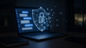 : a laptop glowing in the dark with a shattered holographic shield/padlock breaking apart above it