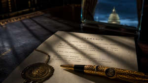 a presidential pardon pen and document dominate the foreground on the Resolute Desk, with the Capitol dome reflected tiny and distant in the background and faint prison-bar shadows crossing the page.