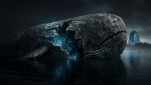 Ancient stone whale, fractured open with a glowing breach leaking into the dark — dormant Genesis wealth silently drained