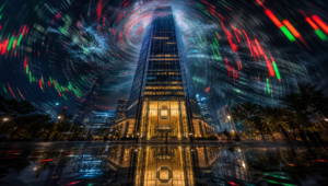 the JPMorgan tower standing calm and lit at its base while a swirling storm of market-data light trails rages around it above, capturing the "profiting from volatility" paradox at the heart of the piece.